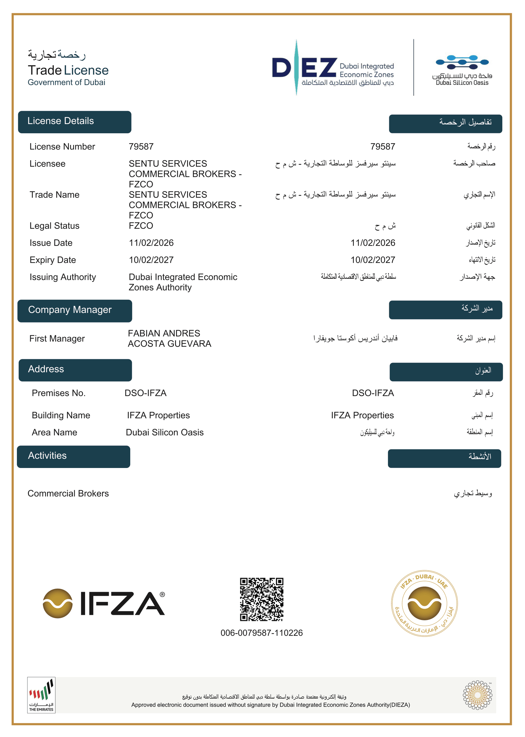 Sentu Services Commercial Brokers FZCO — IFZA License